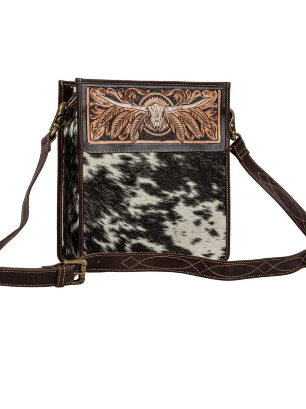 Myra Spirit of the Herd Saddle Brown Hand Tooled Leather Shoulder Bag NWT